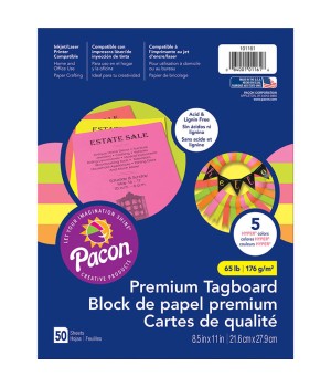 Premium Tagboard, 5 Assorted Hyper Colors, 8-1/2" x 11", 50 Sheets