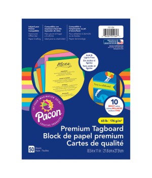 Premium Tagboard, 10 Assorted Bright Colors, 8-1/2" x 11", 50 Sheets