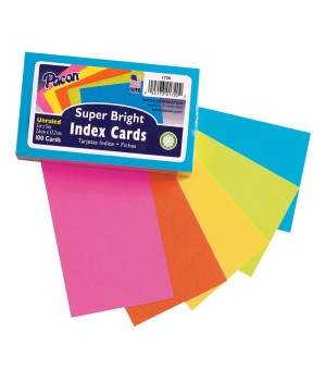 Index Cards, 5 Super Bright Assorted Colors, Unruled, 3" x 5", 100 Cards
