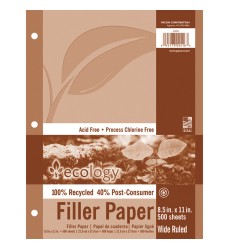 Recycled Filler Paper, White, 3-Hole Punched, 3/8" Ruled w/ Margin 8-1/2" x 11", 500 Sheets