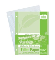 Recycled Filler Paper, White, 3-Hole Punched, 9/32" Ruled w/ Margin 8-1/2" x 11", 150 Sheets