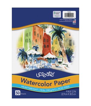 Watercolor Paper, White, 90lb., 9" x 12", 50 Sheets