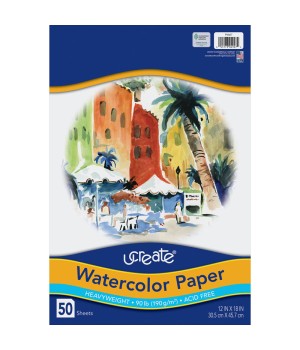 Watercolor Paper, White, 90lb., 12" x 18", 50 Sheets