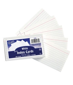 Index Cards, White, Ruled, 1/4" Ruled 3" x 5", 100 Cards