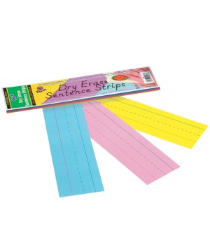 Dry Erase Sentence Strips, 3 Assorted Colors, 1-1/2" X 3/4" Ruled, 3" x 12", 30 Strips
