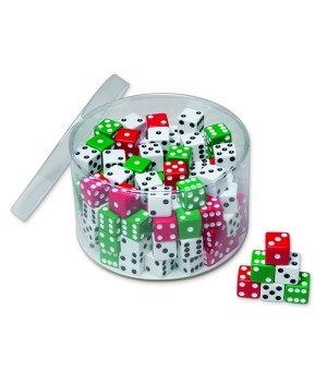 Drum of Dice, Assorted Red, Green & White, 0.625" x 0.625", 144 Pieces