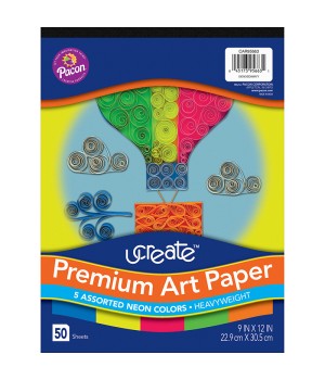 Premium Neon Art Paper Pad, 5 Assorted Colors, 9" x 12", 50 Sheets