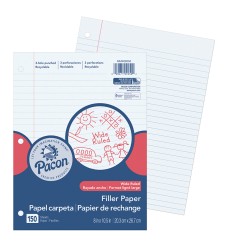 Filler Paper, White, 3-Hole Punched, Red Margin, 3/8" Ruled, 8" x 10-1/2", 150 Sheets