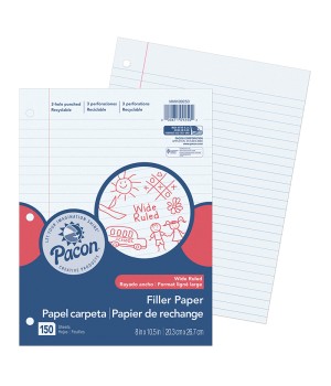 Filler Paper, White, 3-Hole Punched, Red Margin, 3/8" Ruled, 8" x 10-1/2", 150 Sheets
