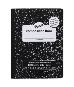 Composition Book, Black Marble, 9/32 in ruling with red margin 9-3/4" x 7-1/2", 100 Sheets