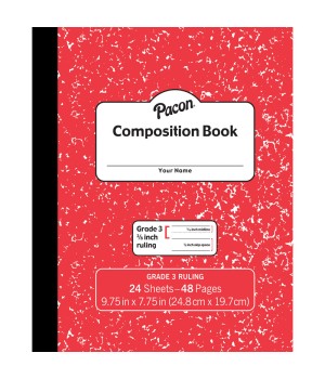 Composition Book, Grade 3, Red Marble, 3/8" x 3/16" x 3/16" Ruled, 9-3/4" x 7-3/4", 24 Sheets