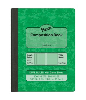 Dual Ruled Composition Book, Green, 1/4 in grid and 3/8 in (wide) 9-3/4" x 7-1/2", 100 Sheets