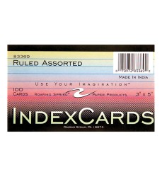 Index Cards, 3" x 5", Ruled, Assorted Colors, Pack of 100