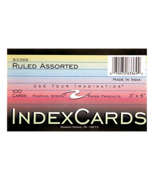 Index Cards, 3" x 5", Ruled, Assorted Colors, Pack of 100