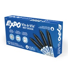 Vis-a-Vis® Wet-Erase Overhead Transparency Markers, Fine Tip, Black, Box of 12