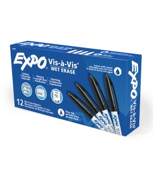 Vis-a-Vis® Wet-Erase Overhead Transparency Markers, Fine Tip, Black, Box of 12