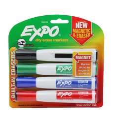 Magnetic Dry Erase Markers with Eraser, Chisel Tip, Assorted, 4-Count