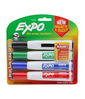 Magnetic Dry Erase Markers with Eraser, Chisel Tip, Assorted, 4-Count