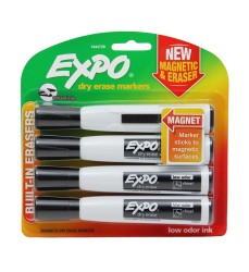 Magnetic Dry Erase Markers with Eraser, Chisel Tip, Black, 4-Count