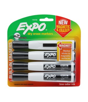 Magnetic Dry Erase Markers with Eraser, Chisel Tip, Black, 4-Count