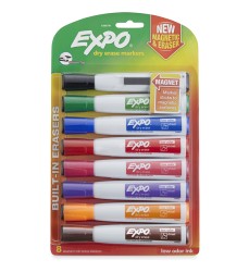 Magnetic Dry Erase Markers with Eraser, Chisel Tip, Assorted Colors, 8-Count