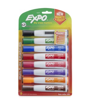 Magnetic Dry Erase Markers with Eraser, Chisel Tip, Assorted Colors, 8-Count