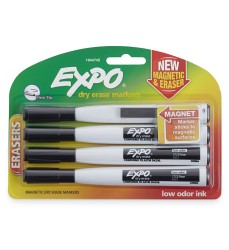 Magnetic Dry Erase Markers with Eraser, Fine Tip, Black, 4-Count