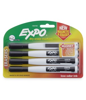 Magnetic Dry Erase Markers with Eraser, Fine Tip, Black, 4-Count