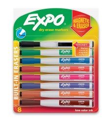 Magnetic Dry Erase Markers with Eraser, Fine Tip, Assorted Colors, 8-Count