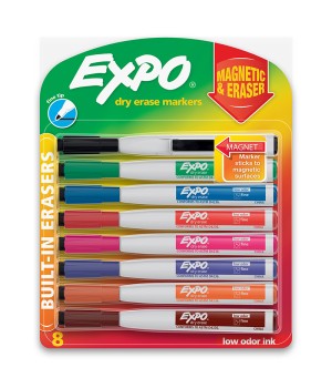 Magnetic Dry Erase Markers with Eraser, Fine Tip, Assorted Colors, 8-Count