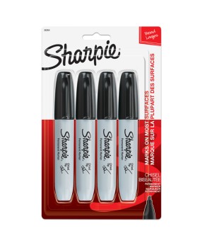 Permanent Markers, Chisel Tip, Black, Pack of 4