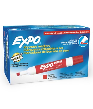 Low-Odor Dry Erase Markers, Chisel Tip, Red, Box of 12