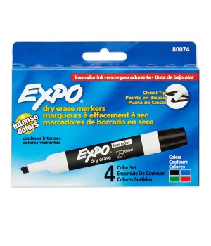 Low-Odor Dry Erase Markers, Chisel Tip, 4 Colors, Pack of 4