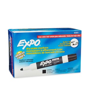 Low Odor Dry Erase Markers, Bullet Tip, Black, Box of 12