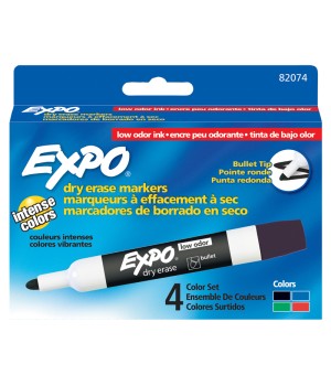 Low-Odor Dry Erase Markers, Bullet Tip, Assorted Colors, Pack of 4