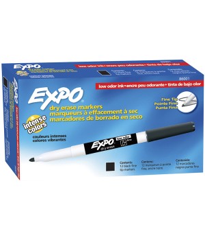 Low Odor Dry Erase Markers, Fine Tip, Black, Box of 12