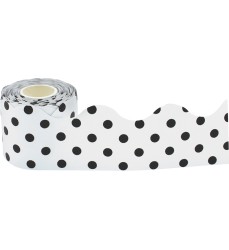 Black Polka Dots on White Scalloped Rolled Border Trim, 50 Feet